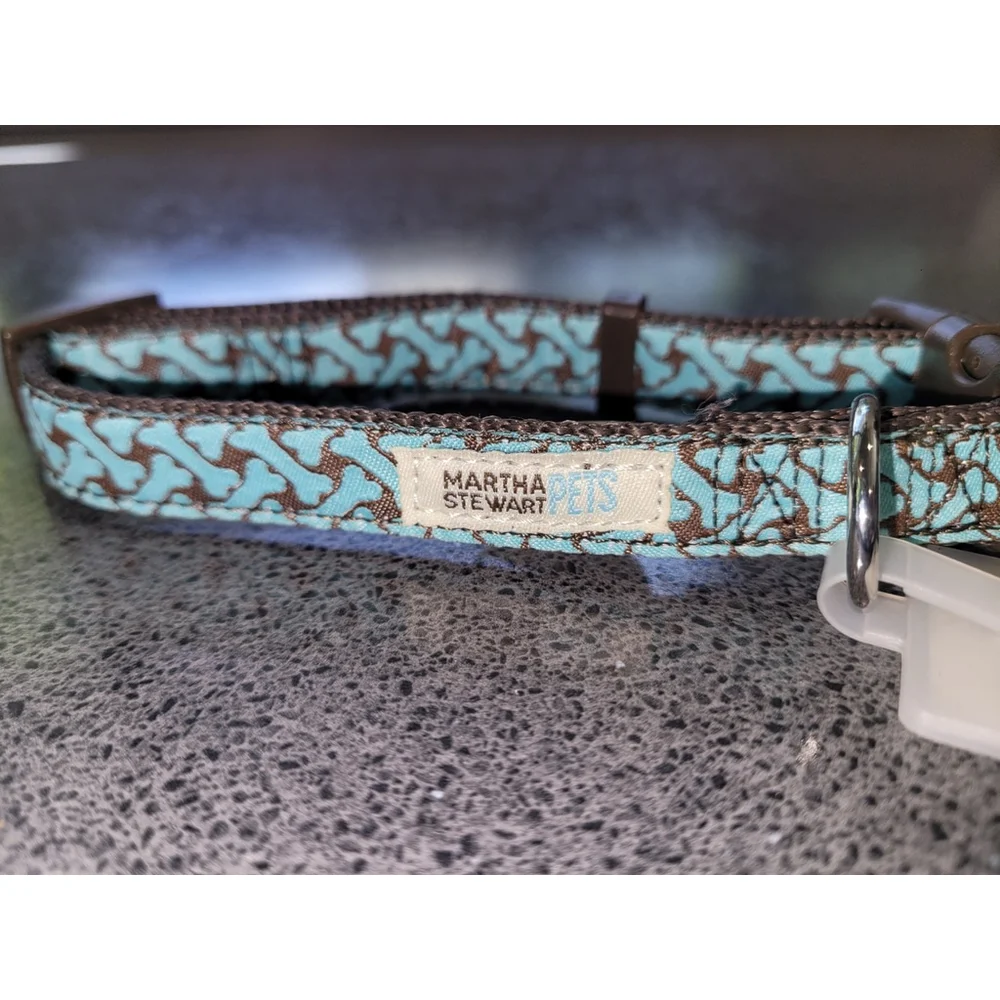 Martha Stewart Pets Small Dog Collar Blue Brown BONE Buckle NEW NIP 10-15IN *